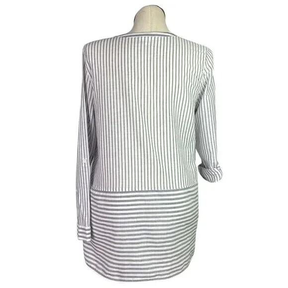 J Jill Fit Top Women L Gray White Cotton Stripe Roll Tab Sleeve High Low Tunic - Picture 9 of 11